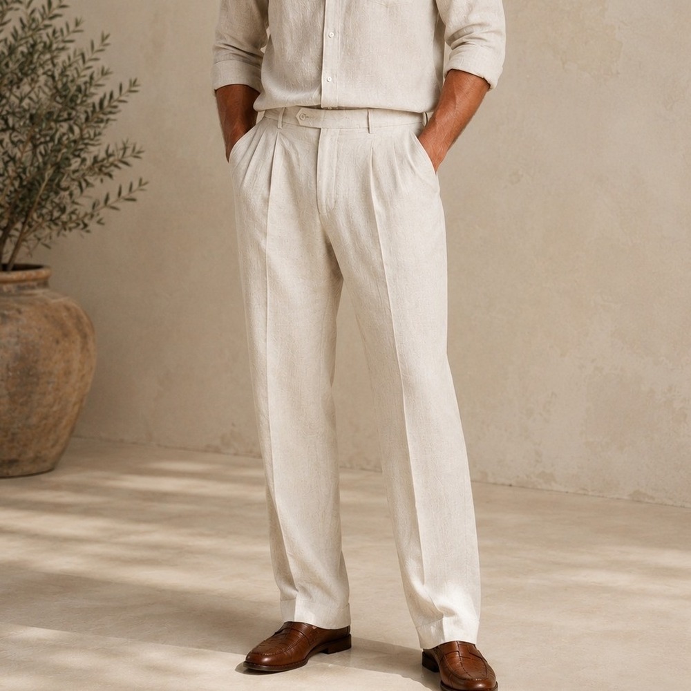 Murano Mens 100% Linen Pleated Dress Pants Beige Oatmeal 40x36 Straight Leg